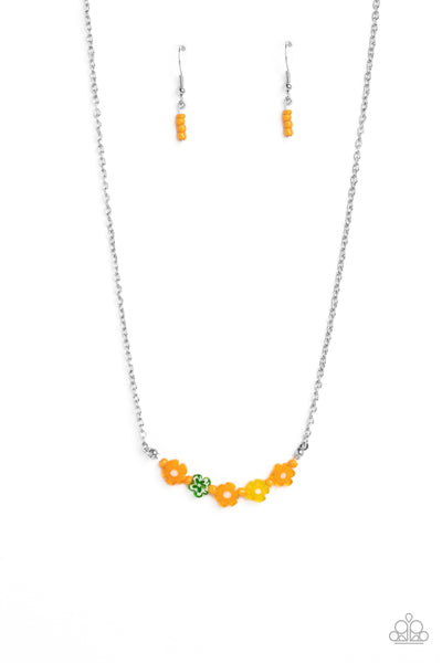 BOUQUET WE GO - ORANGE YELLOW AND GREEN FLOWER SILVER DAINTY NECKLACE - PAPARAZZI