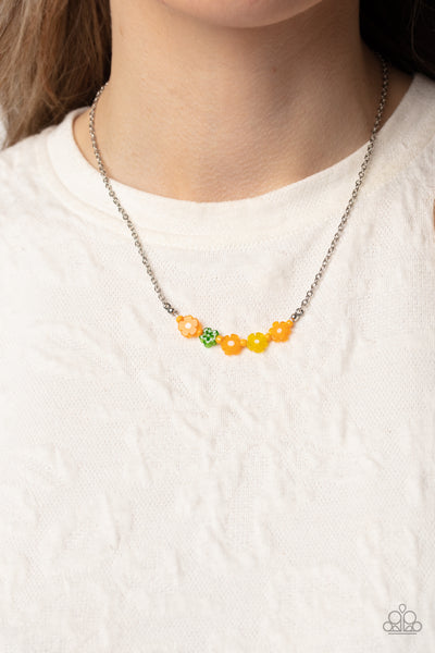 BOUQUET WE GO - ORANGE YELLOW AND GREEN FLOWER SILVER DAINTY NECKLACE - PAPARAZZI