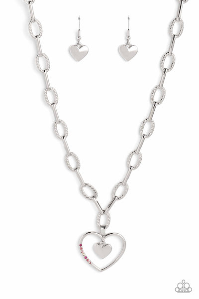 REFULGENT ROMANCE - PINK IRIDESCENT RHINESTONE SILVER HEART PAPER CLIP CHAIN NECKLACE - PAPARAZZI