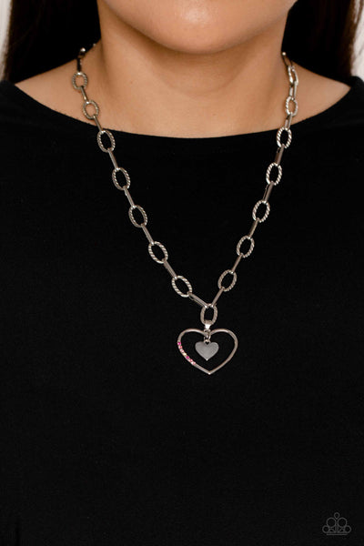 REFULGENT ROMANCE - PINK IRIDESCENT RHINESTONE SILVER HEART PAPER CLIP CHAIN NECKLACE - PAPARAZZI