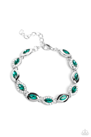 SOME SERIOUS SPARKLE - GREEN AND WHITE RHINESTONE SILVER BRACELET - PAPARAZZI