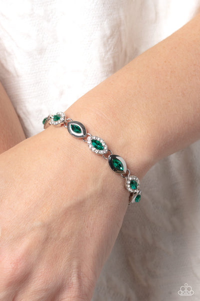 SOME SERIOUS SPARKLE - GREEN AND WHITE RHINESTONE SILVER BRACELET - PAPARAZZI
