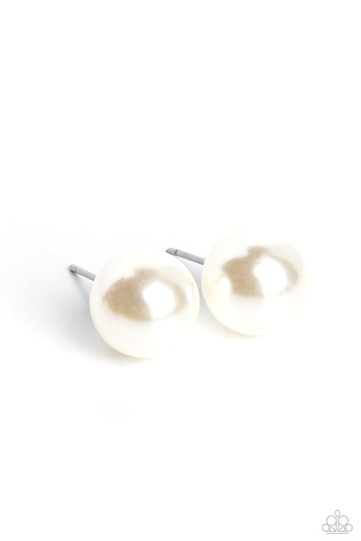 DEBUTANTE DETAILS - WHITE PEARL SOLITAIRE POST EARRINGS - PAPARAZZI