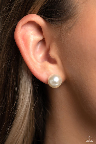 DEBUTANTE DETAILS - WHITE PEARL SOLITAIRE POST EARRINGS - PAPARAZZI