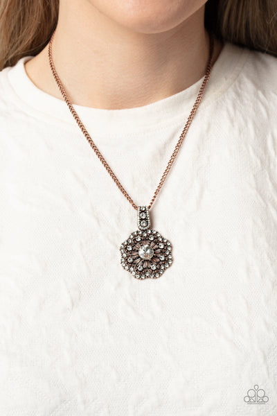 BEWITCHING BRILLIANCE - COPPER AND RHINESTONE FLOWER NECKLACE - PAPARAZZI