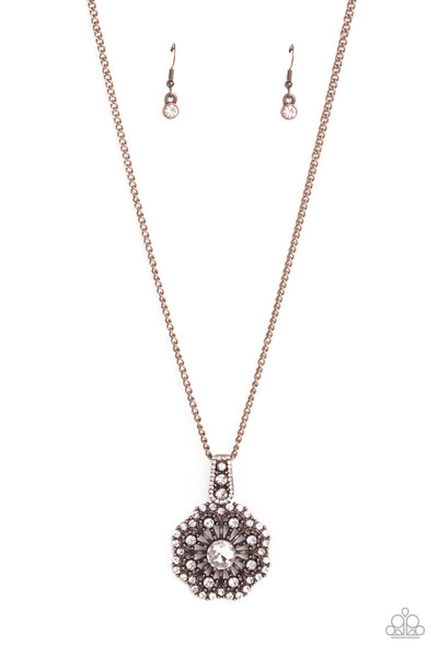 BEWITCHING BRILLIANCE - COPPER AND RHINESTONE FLOWER NECKLACE - PAPARAZZI
