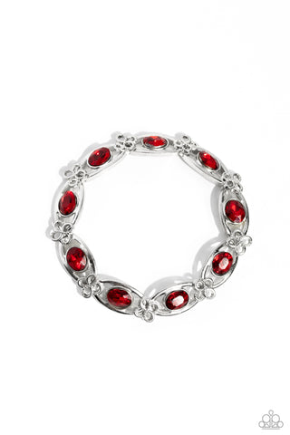 INFINITE IMPRESSION - RED GEM SILVER FLORAL STRETCHY BRACELET - PAPARAZZI