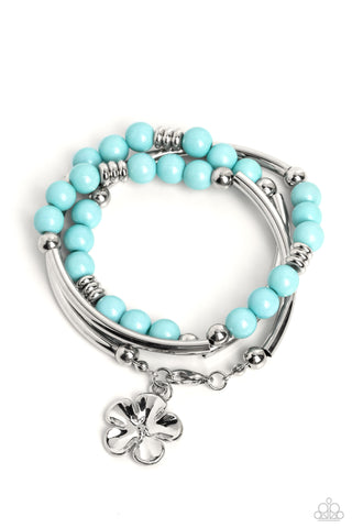 OFF THE WRAP - BLUE BEAD SILVER FLOWER COIL BRACELET - PAPARAZZI