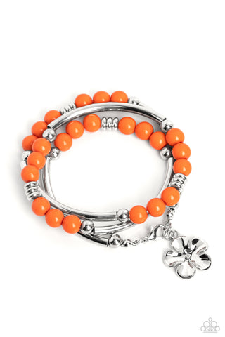 OFF THE WRAP - ORANGE BEAD SILVER FLOWER COIL BRACELET - PAPARAZZI
