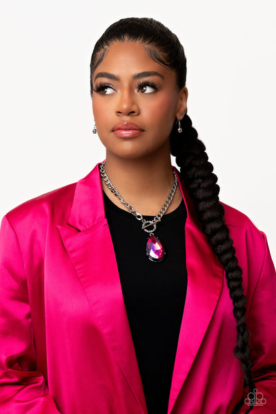 EDGY EXAGGERATION - PINK UV IRIDESCENT GEM SILVER TOGGLE NECKLACE - PAPARAZZI LIFE OF THE PARTY MAY 2023