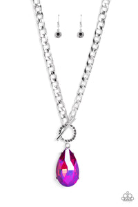 EDGY EXAGGERATION - PINK UV IRIDESCENT GEM SILVER TOGGLE NECKLACE - PAPARAZZI LIFE OF THE PARTY MAY 2023