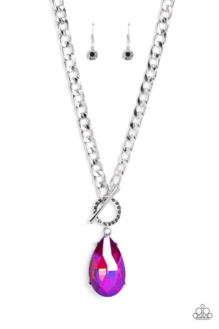 EDGY EXAGGERATION - PINK UV IRIDESCENT GEM SILVER TOGGLE NECKLACE - PAPARAZZI LIFE OF THE PARTY MAY 2023