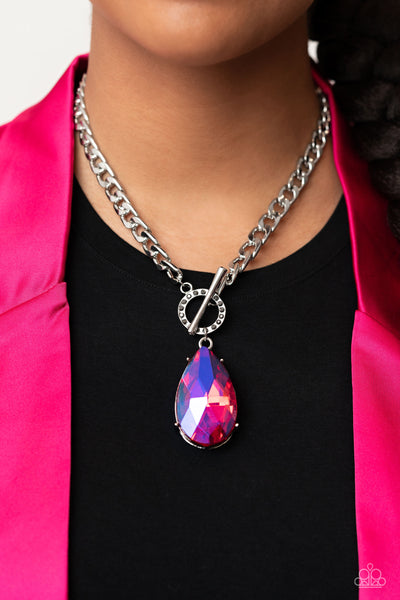 EDGY EXAGGERATION - PINK UV IRIDESCENT GEM SILVER TOGGLE NECKLACE - PAPARAZZI LIFE OF THE PARTY MAY 2023