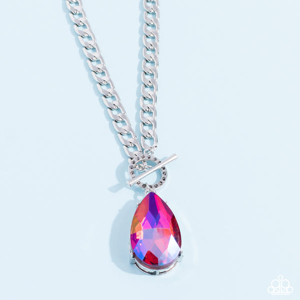 EDGY EXAGGERATION - PINK UV IRIDESCENT GEM SILVER TOGGLE NECKLACE - PAPARAZZI LIFE OF THE PARTY MAY 2023