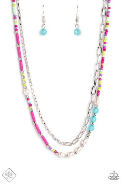 COASTAL COMPOSITION - PINK YELLOW BLUE SILVER BEAD LAYERED NECKLACE - PAPARAZZI FASHION FIX JANUARY 2023