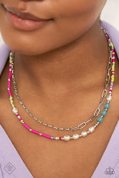 COASTAL COMPOSITION - PINK YELLOW BLUE SILVER BEAD LAYERED NECKLACE - PAPARAZZI FASHION FIX JANUARY 2023