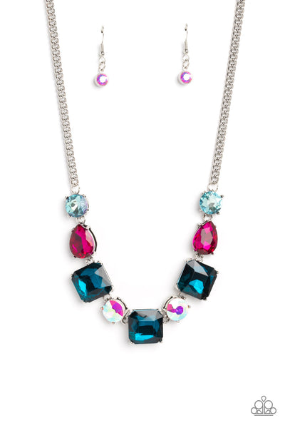 ELEVATED EDGE - MULTI PINK BLUE IRIDESCENT GEM SILVER NECKLACE - PAPARAZZI LIFE OF THE PARTY MARCH 2023