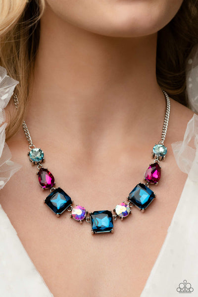 ELEVATED EDGE - MULTI PINK BLUE IRIDESCENT GEM SILVER NECKLACE - PAPARAZZI LIFE OF THE PARTY MARCH 2023