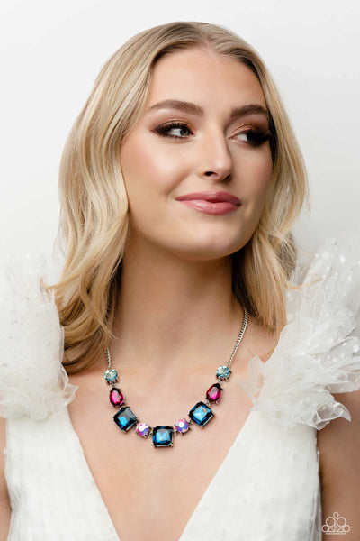 ELEVATED EDGE - MULTI PINK BLUE IRIDESCENT GEM SILVER NECKLACE - PAPARAZZI LIFE OF THE PARTY MARCH 2023