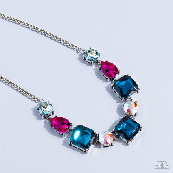 ELEVATED EDGE - MULTI PINK BLUE IRIDESCENT GEM SILVER NECKLACE - PAPARAZZI LIFE OF THE PARTY MARCH 2023