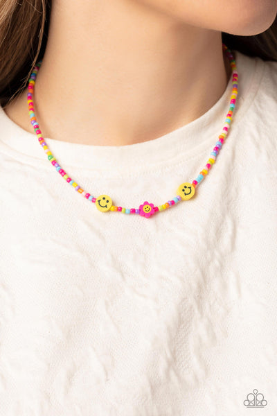 FLOWER POWER PAGEANT - PINK AND COLORFUL SEED BEAD YELLOW SMILEY FACE NECKLACE - PAPARAZZI
