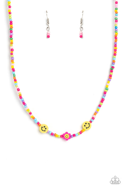 FLOWER POWER PAGEANT - PINK AND COLORFUL SEED BEAD YELLOW SMILEY FACE NECKLACE - PAPARAZZI
