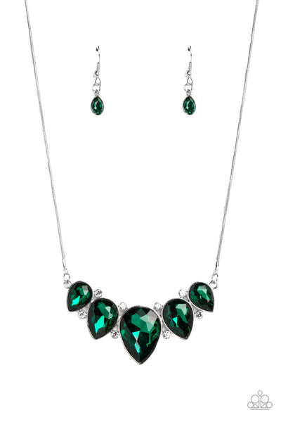 REGALLY REFINED - GREEN GEM SILVER TEARDROP NECKLACE - PAPARAZZI