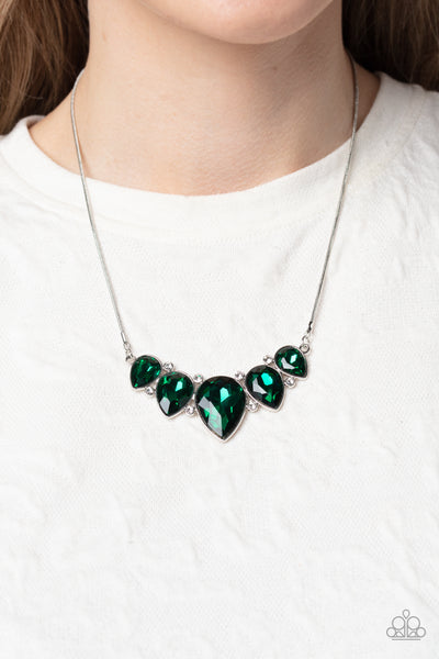 REGALLY REFINED - GREEN GEM SILVER TEARDROP NECKLACE - PAPARAZZI