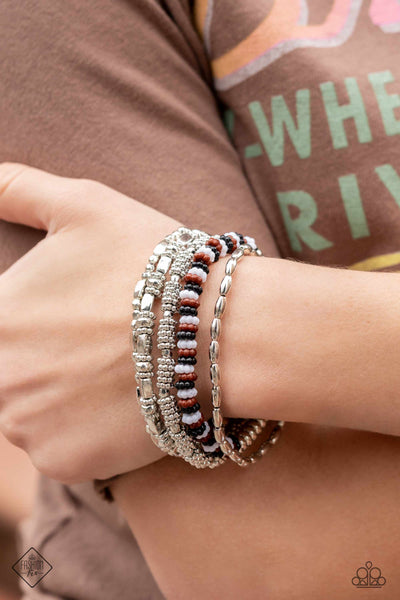 CAVIAR CATWALK - MULTI BROWN WHITE BLACK SEED BEAD STRETCHY BRACELET SET - PAPARAZZI FASHION FIX FEBRUARY 2023