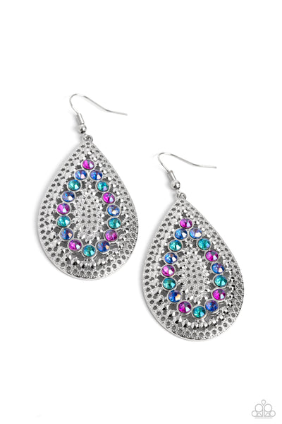 SPIRITED SOCIALITE - MULTI COLOR RHINESTONE SILVER TEARDROP EARRINGS - PAPARAZZI
