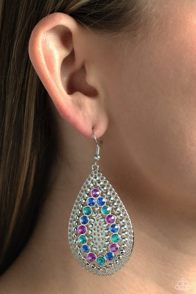 SPIRITED SOCIALITE - MULTI COLOR RHINESTONE SILVER TEARDROP EARRINGS - PAPARAZZI