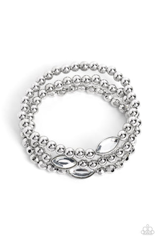 TWINKLING TEAM - WHITE GEM SILVER BEAD STRETCHY BRACELET - PAPARAZZI