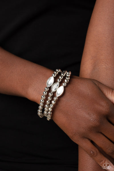 TWINKLING TEAM - WHITE GEM SILVER BEAD STRETCHY BRACELET - PAPARAZZI