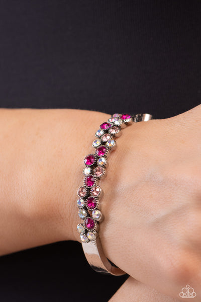 BIG CITY BLING - PINK AND IRIDESCENT RHINESTONE SILVER HINGED BRACELET - PAPARAZZI