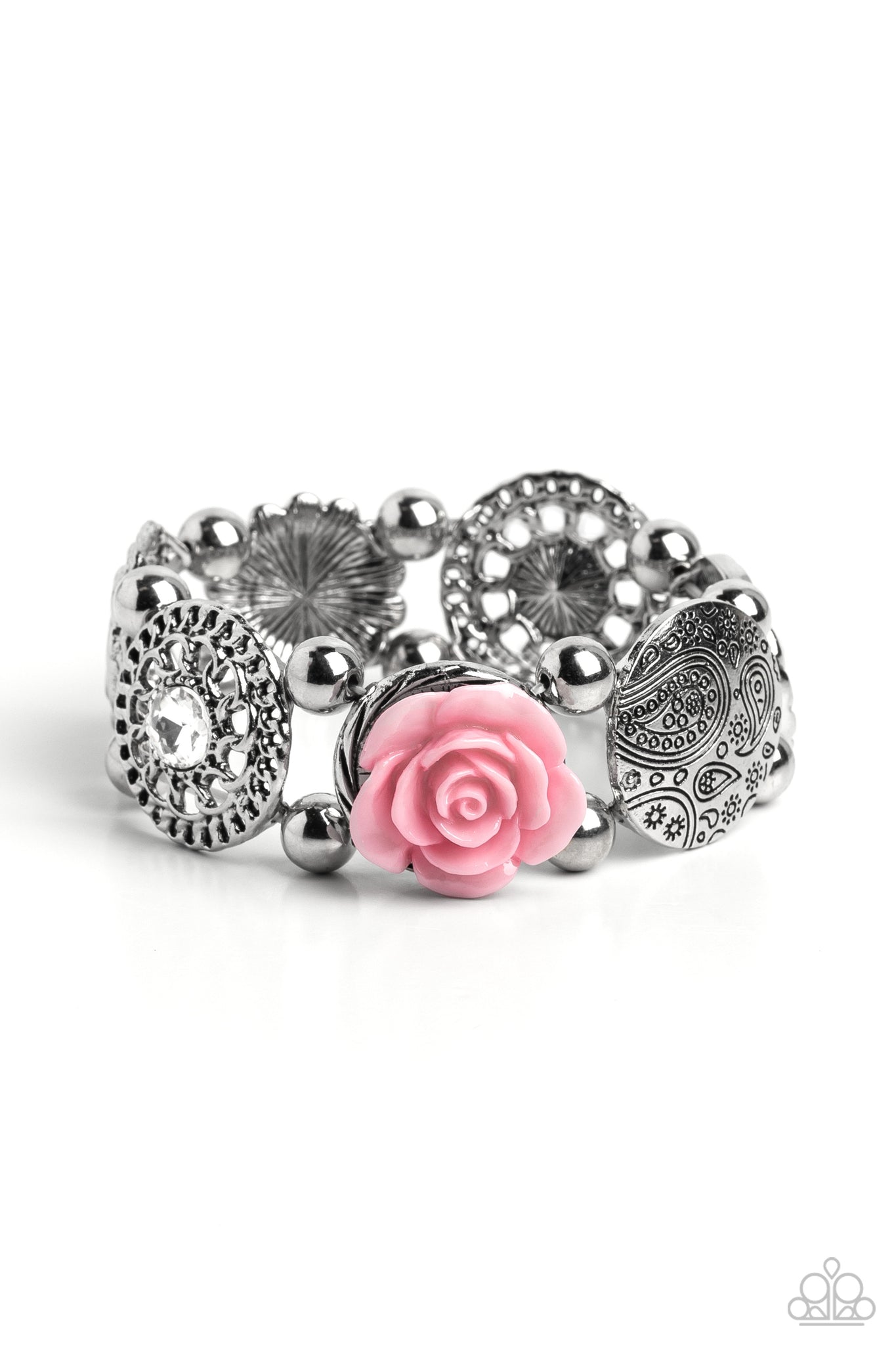 OPTIMISTIC OASIS - PINK RESIN FLOWER GEM SILVER STRETCHY BRACELET - PAPARAZZI