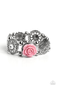 OPTIMISTIC OASIS - PINK RESIN FLOWER GEM SILVER STRETCHY BRACELET - PAPARAZZI