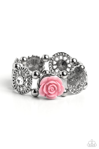 OPTIMISTIC OASIS - PINK RESIN FLOWER GEM SILVER STRETCHY BRACELET - PAPARAZZI