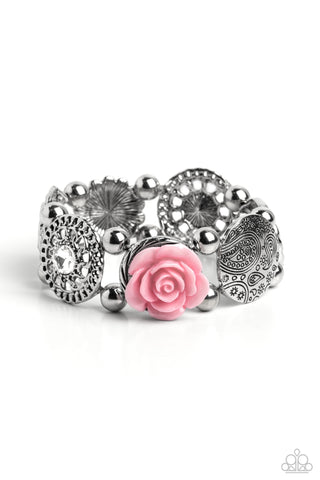 OPTIMISTIC OASIS - PINK RESIN FLOWER GEM SILVER STRETCHY BRACELET - PAPARAZZI