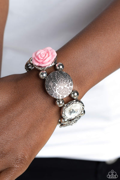 OPTIMISTIC OASIS - PINK RESIN FLOWER GEM SILVER STRETCHY BRACELET - PAPARAZZI