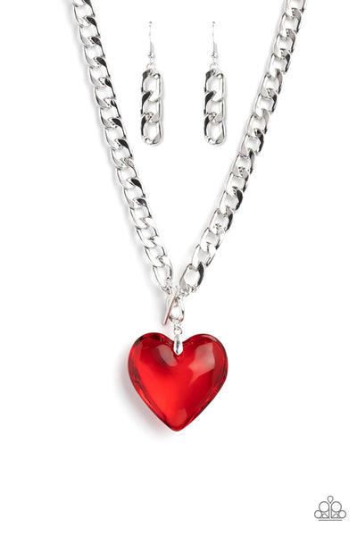 GLASSY-HERO - RED HEART GEM SILVER CHAIN NECKLACE - PAPARAZZI LIFE OF THE PARTY MARCH 2023