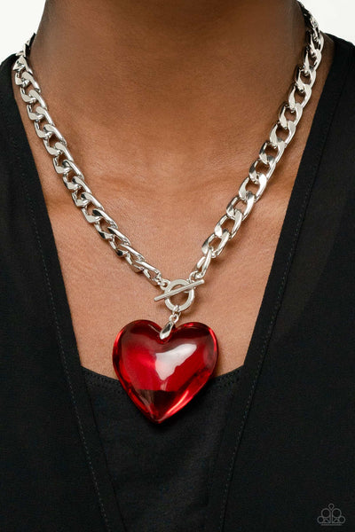 GLASSY-HERO - RED HEART GEM SILVER CHAIN NECKLACE - PAPARAZZI LIFE OF THE PARTY MARCH 2023