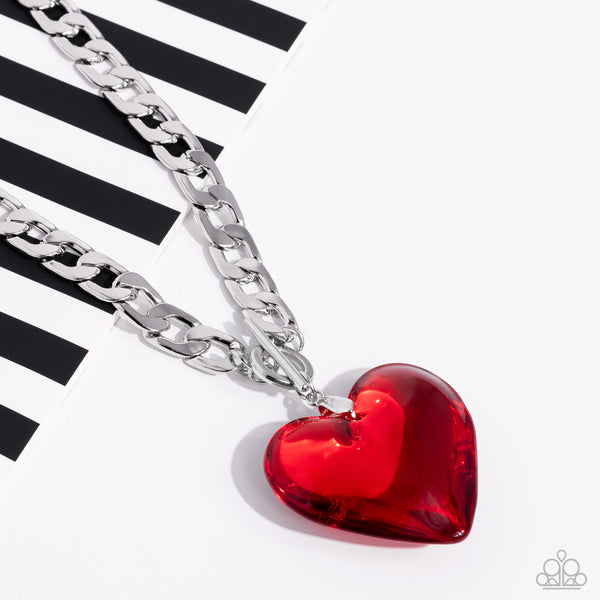 GLASSY-HERO - RED HEART GEM SILVER CHAIN NECKLACE - PAPARAZZI LIFE OF THE PARTY MARCH 2023