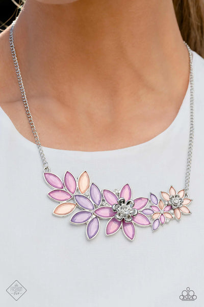 GARLAND OVER - MULTI PINK AND PURPLE GEM FLOWER SILVER NECKLACE - PAPARAZZI - FASHION FIX MARCH 2023