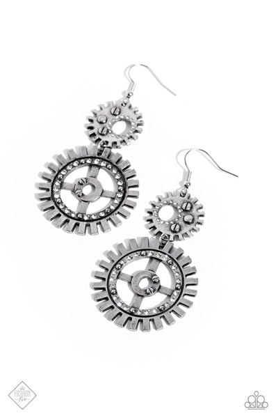 I HAVE A STEAMPUNK - WHITE RHINSTONE SILVER EARRINGS - PAPARAZZI - FASHION FIX APRIL 2023