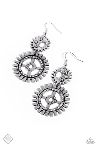 I HAVE A STEAMPUNK - WHITE RHINSTONE SILVER EARRINGS - PAPARAZZI - FASHION FIX APRIL 2023