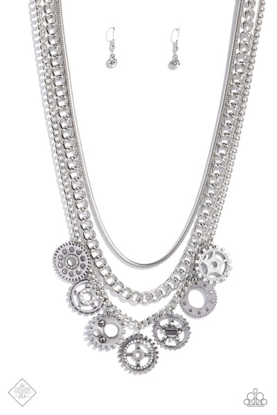 RUNNING OUT OF STEAMPUNK - WHITE RHINESTONE SILVER STAR GEAR CHARM CHAIN LAYERED NECKLACE - PAPARAZZI - FASHION FIX APRIL 2023