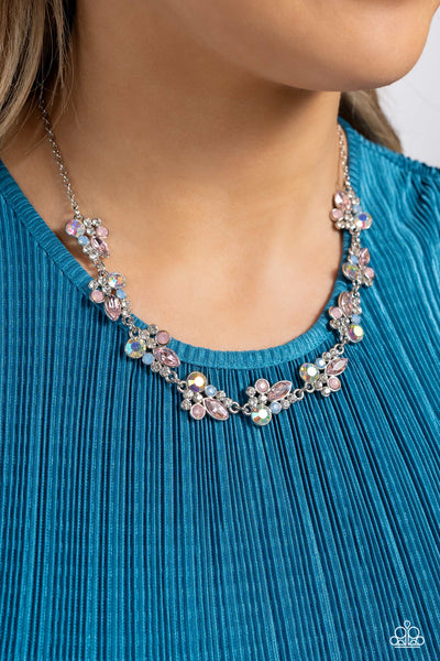 SWIMMING IN SPARKLES - MULTI BLUE PINK AND WHITE RHINESTONE SILVER SHORT NECKLACE - PAPARAZZI
