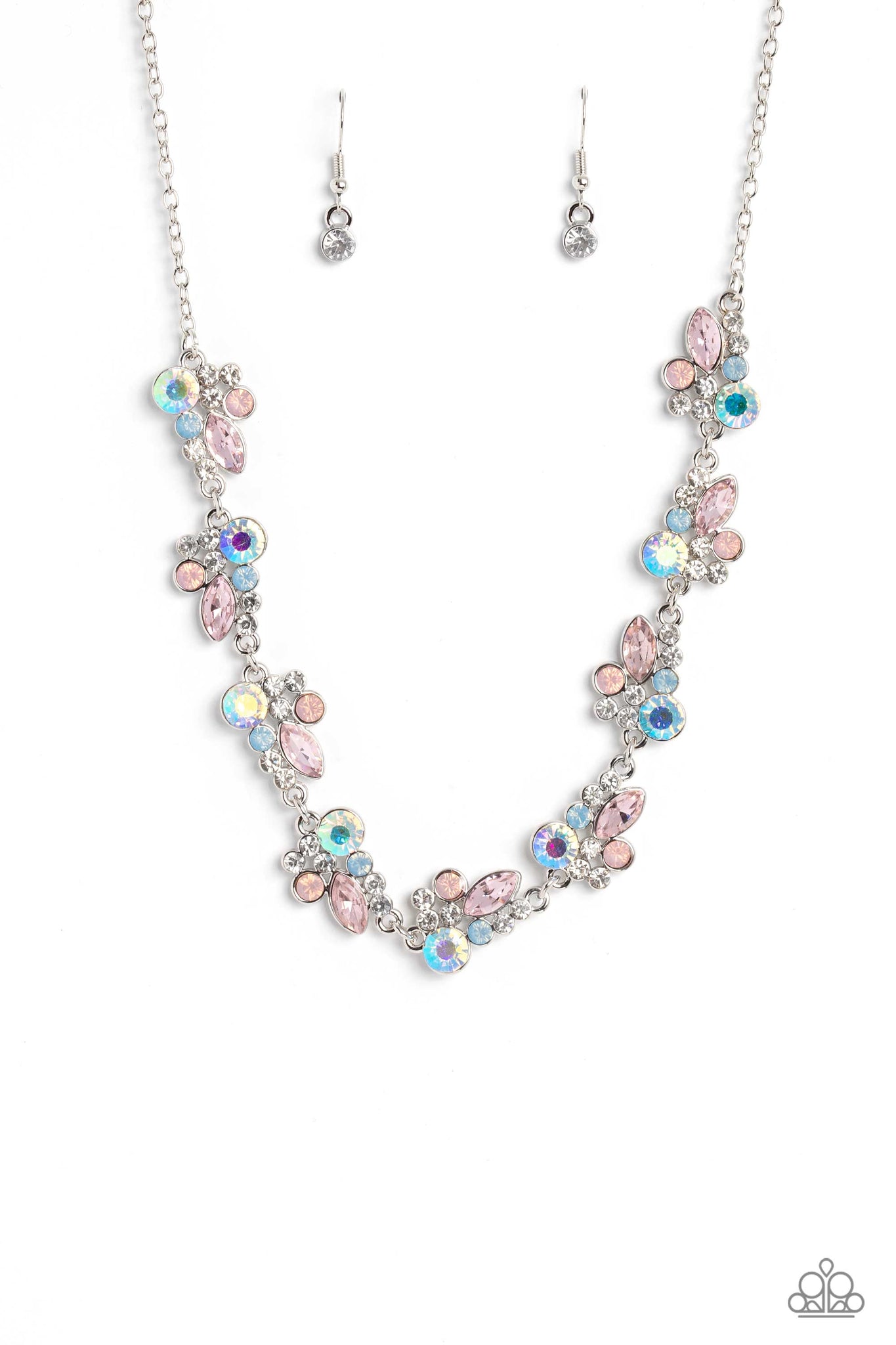 SWIMMING IN SPARKLES - MULTI BLUE PINK AND WHITE RHINESTONE SILVER SHORT NECKLACE - PAPARAZZI