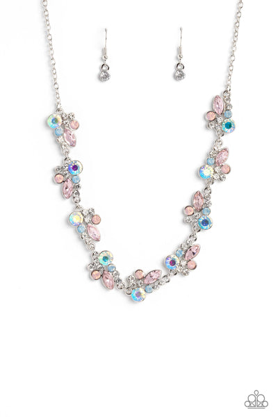SWIMMING IN SPARKLES - MULTI BLUE PINK AND WHITE RHINESTONE SILVER SHORT NECKLACE - PAPARAZZI
