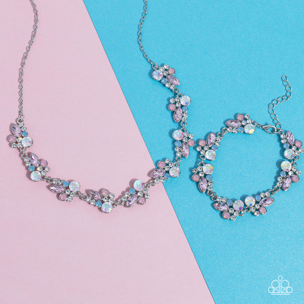 SWIMMING IN SPARKLES - MULTI BLUE PINK AND WHITE RHINESTONE SILVER SHORT NECKLACE - PAPARAZZI
